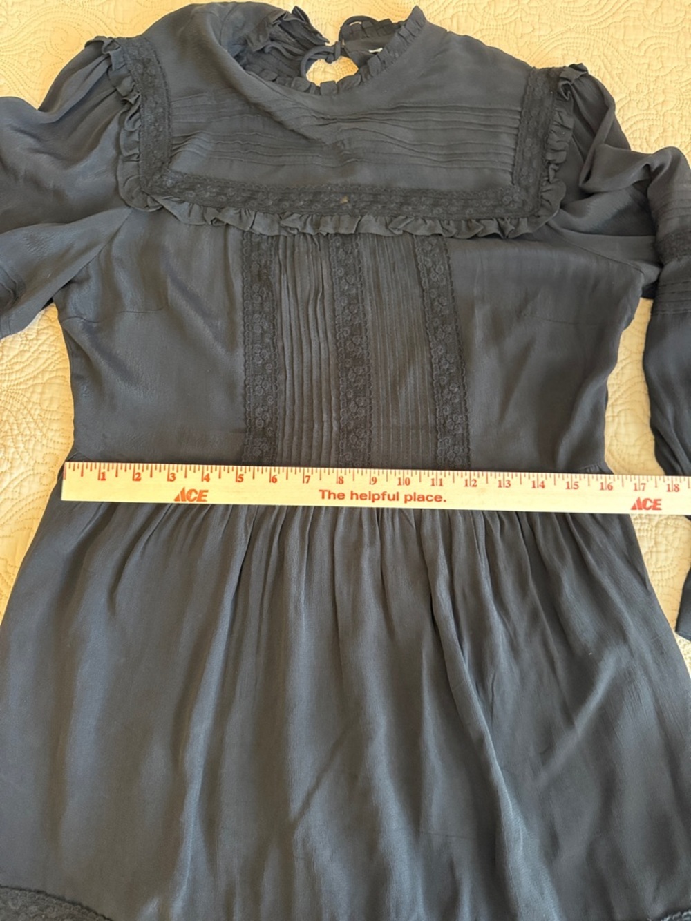 Topshop Black Long-Sleeve Lace Trim Pintuck Dress with zip up side. - Picture 11 of 12